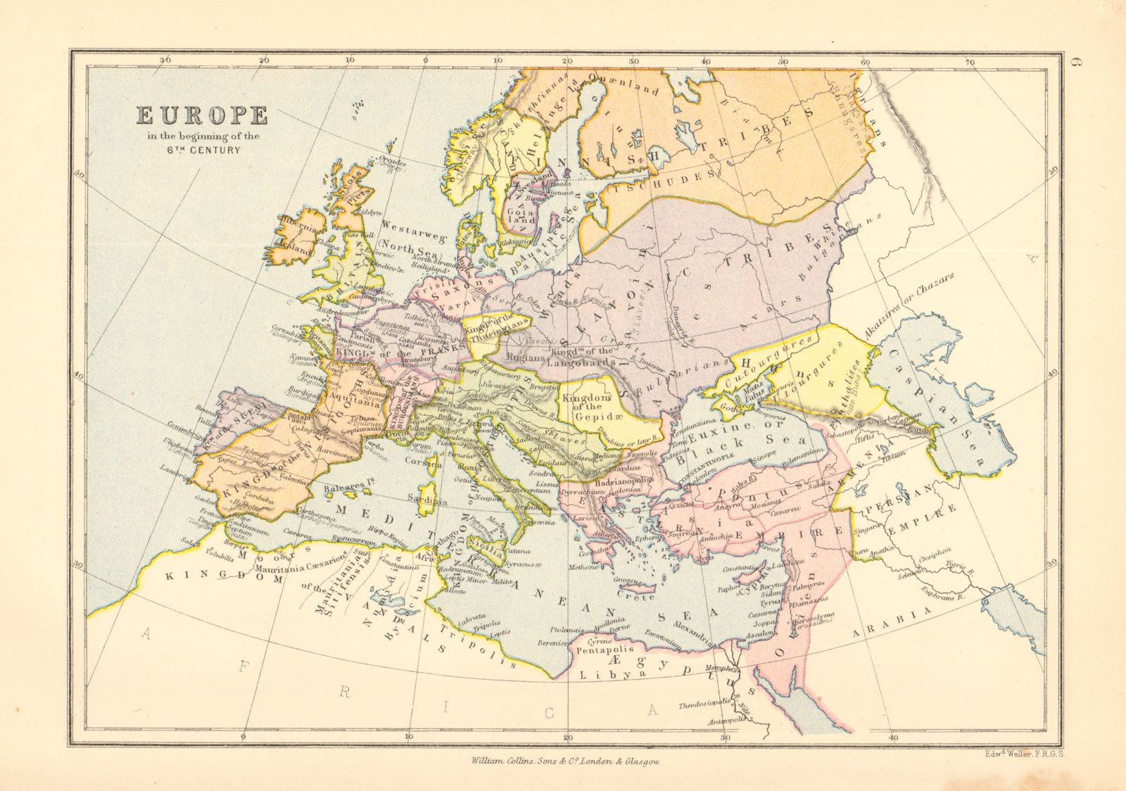'Europe in the beginning of the 6th Century'. BARTHOLOMEW 1876 old antique map